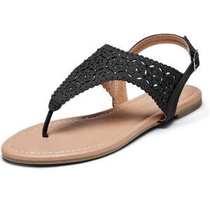New Size 8 Dream Pairs Black Medinie Flat Sandals Dressy T-Strip Thong Sandals